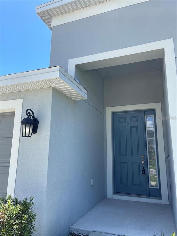 The exterior of a house features a blue front door and a wall-mounted light fixture — 7905 SILVER CLOVER COURT, RIVERVIEW, FL