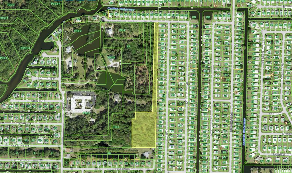 This is a map showing a large, undeveloped parcel of land highlighted in yellow — 1139 DRURY LANE, ENGLEWOOD, FL