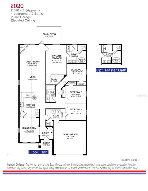 This floor plan shows a four-bedroom, two-bath home with a two-car garage and patio — 4392 SW 92ND PLACE ROAD, OCALA, FL