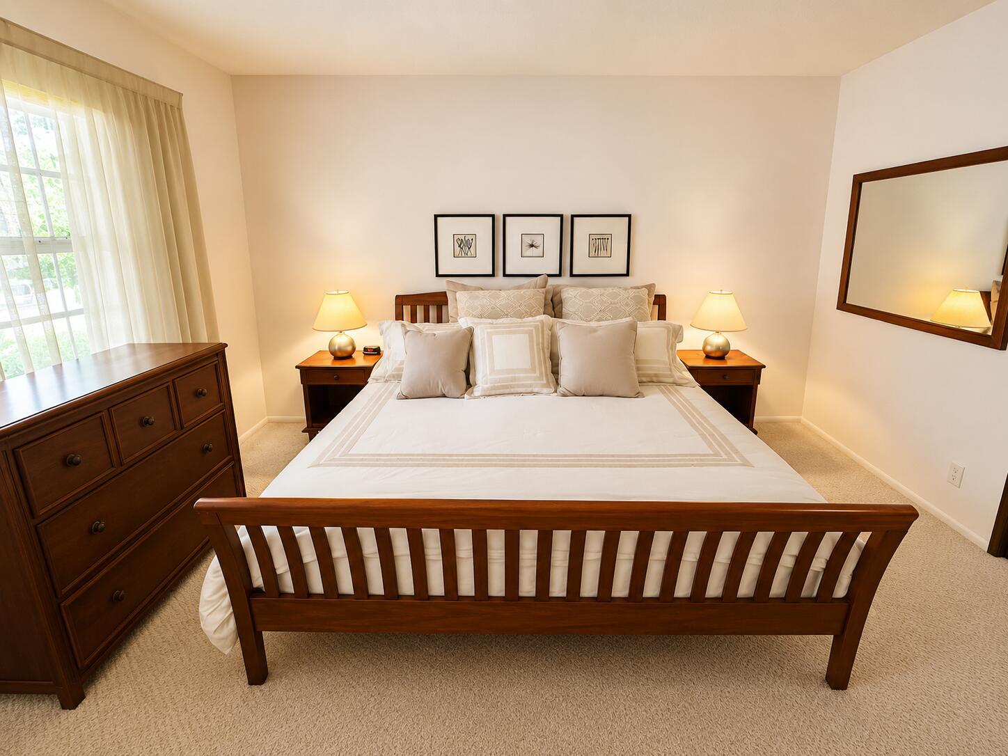 A bedroom features a wooden sleigh bed, two nightstands with lamps, and a matching dresser — 4200 Oaks Terrace # 104, Pompano Beach FL 33069, POMPANO BEACH, FL
