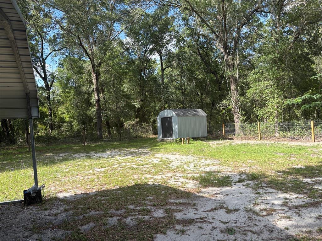 A metal storage shed sits in a sandy, grassy backyard bordered by trees and fencing — 15210 NE 144TH STREET, FORT MC COY, FL
