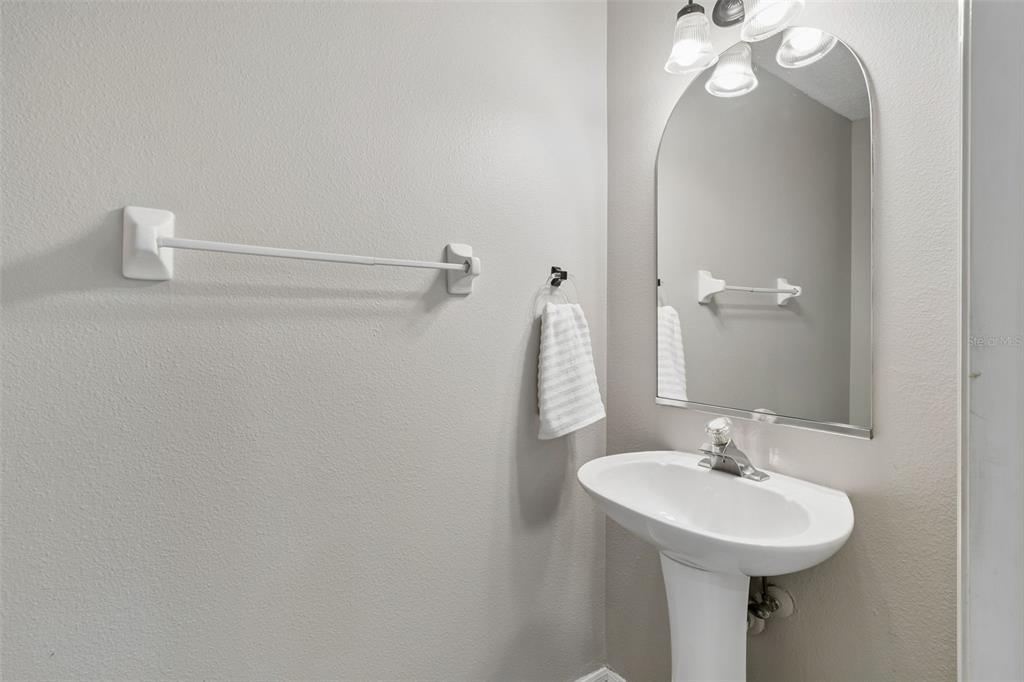 A bathroom features a white pedestal sink, an arched mirror, and a wall-mounted towel bar — 30005 GRANDA HILLS COURT, WESLEY CHAPEL, FL