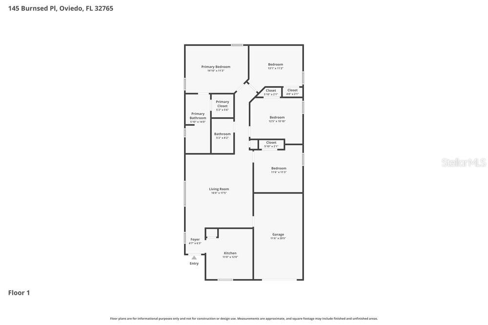 This is a floor plan showing the layout of a single-story residential home — 145 BURNSED PLACE, OVIEDO, FL