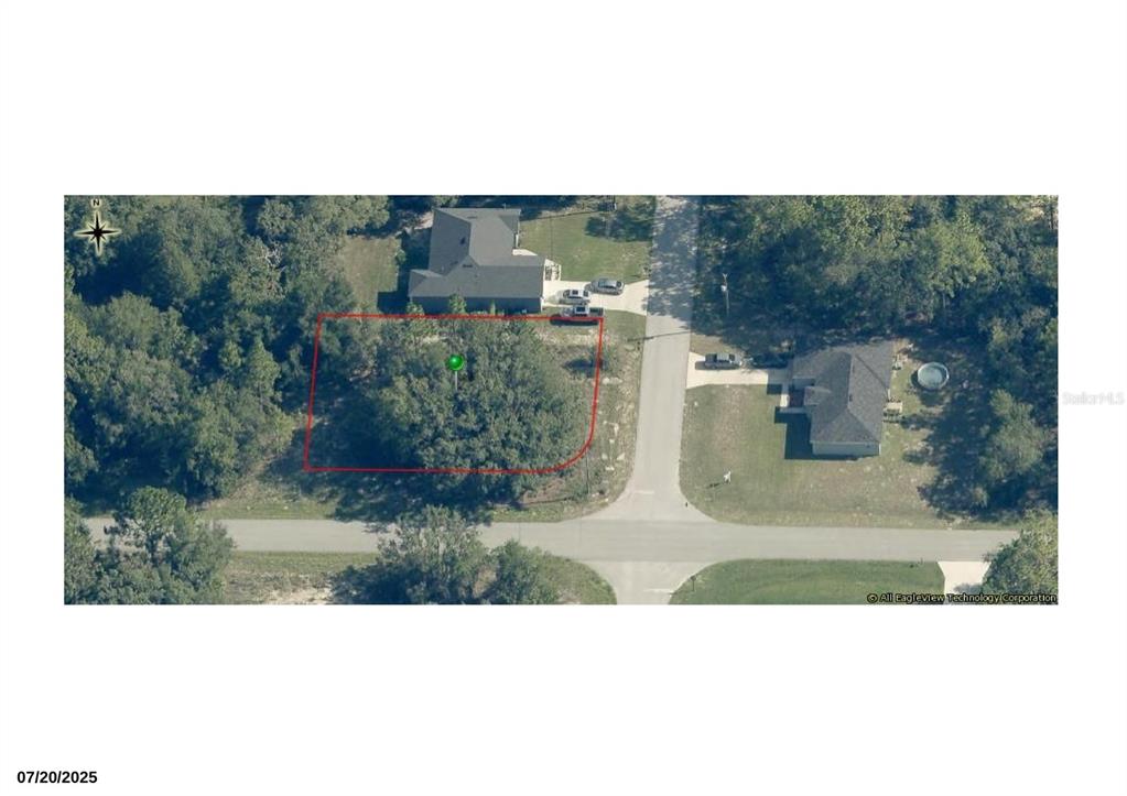 This aerial view shows a vacant, tree-covered residential lot outlined in red — 8010 N PRIMROSE DRIVE, CITRUS SPRINGS, FL