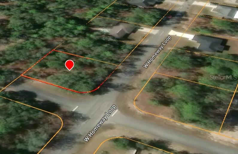 This is an aerial map view of a vacant, wooded residential lot on a corner — 821 W HOMEWAY LOOP, CITRUS SPRINGS, FL