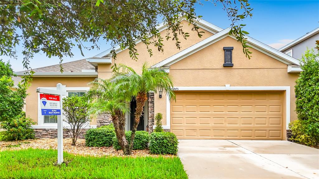 A single-story house with a tan stucco exterior, a two-car garage, and a palm tree — 10445 FLAGSTAFF FALLS AVENUE, RIVERVIEW, FL