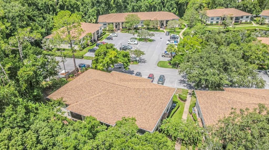 An aerial view shows apartment buildings surrounded by trees with a central parking lot — 3345 CRYSTAL COURT E UNIT H, PALM HARBOR, FL