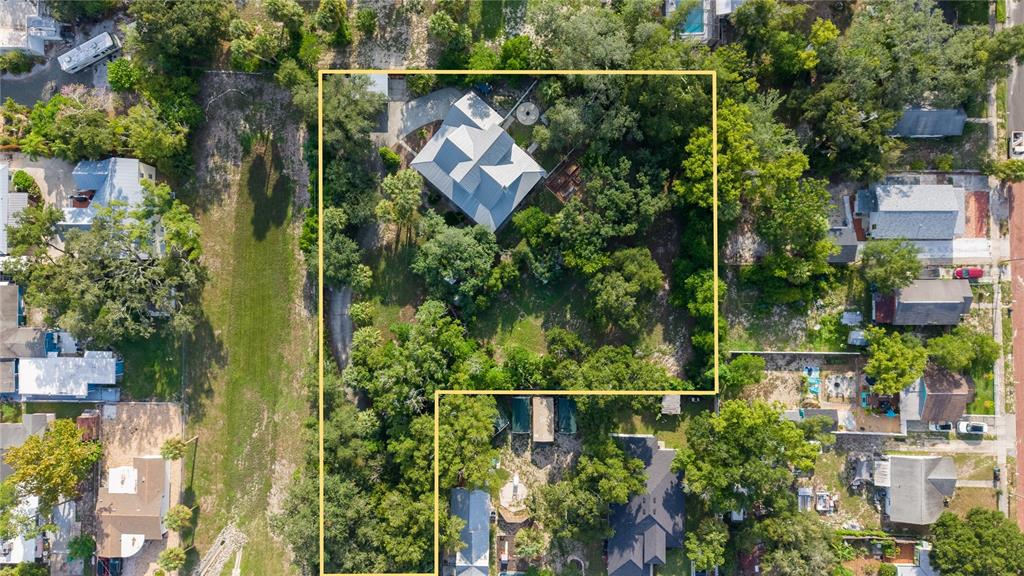 An aerial view shows a house on a large, tree-filled lot with a yellow boundary line — 207 N LEVIS AVENUE, TARPON SPRINGS, FL