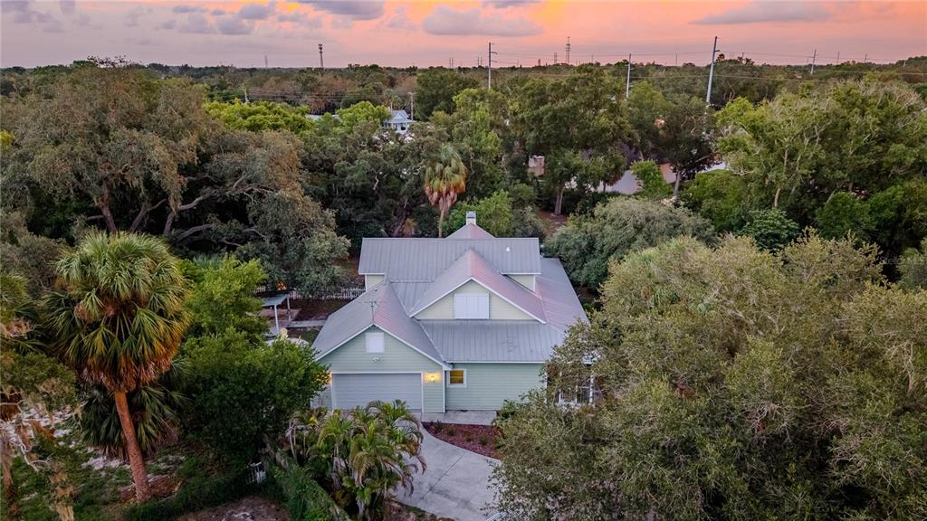 An aerial view of a light green house with a metal roof and attached garage — 207 N LEVIS AVENUE, TARPON SPRINGS, FL