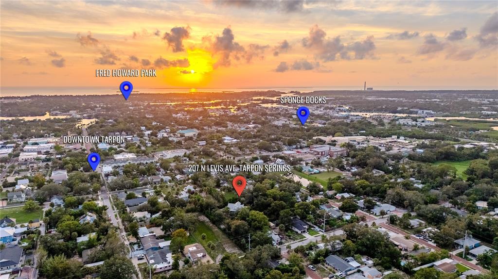 This is an aerial map showing a residential property location relative to local landmarks — 207 N LEVIS AVENUE, TARPON SPRINGS, FL