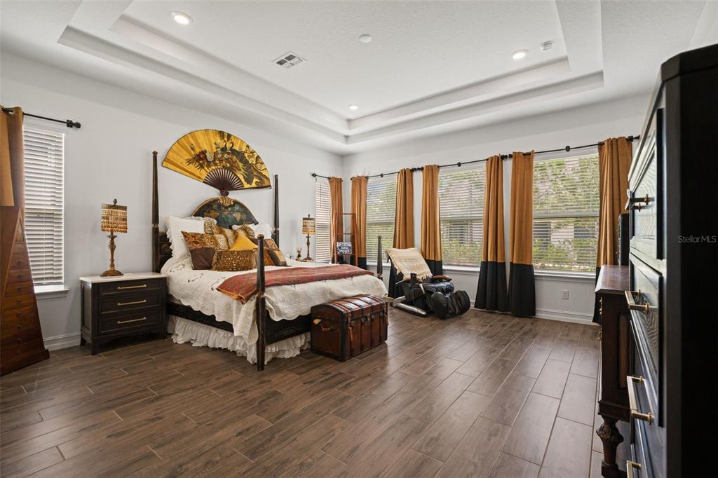 A bedroom features a four-poster bed, wood-look tile flooring, and a tray ceiling — 6170 MARSH TRAIL DRIVE, ODESSA, FL
