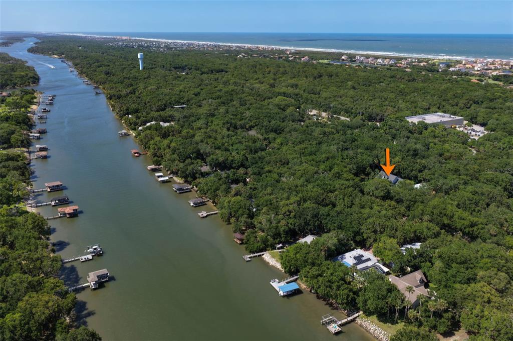 An aerial view shows a house marked by an orange arrow amidst dense coastal trees — 117 HERNANDEZ AVENUE, PALM COAST, FL