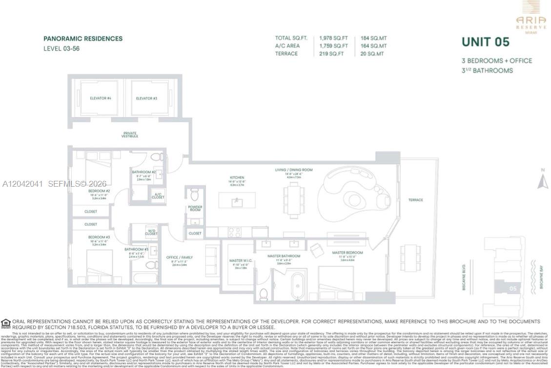 This floor plan shows a three-bedroom, three-and-a-half-bathroom residential unit with a terrace and office — 700 NE 24 # 3905, Miami FL 33137, MIAMI, FL