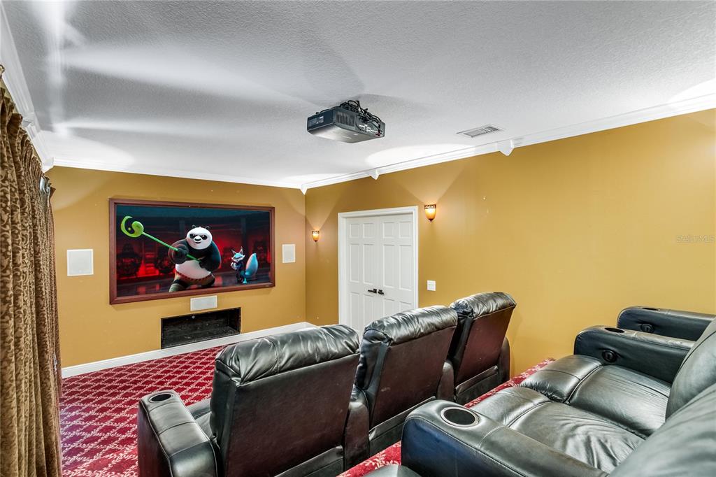 A home theater room features a projector, a large screen, and rows of leather seating — 11909 MANDEVILLA COURT, TAMPA, FL