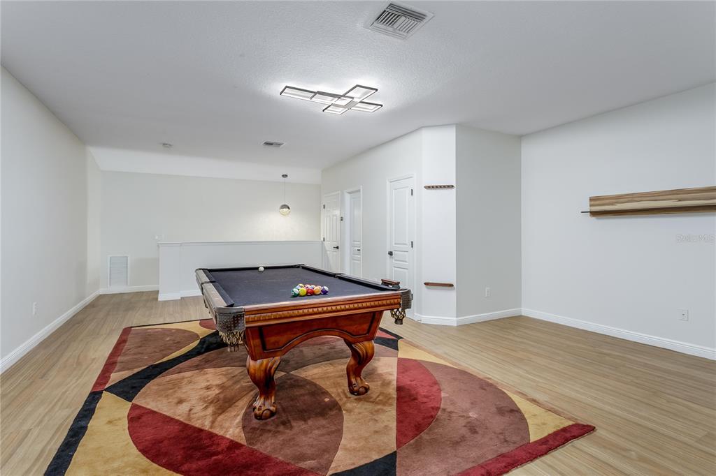 A game room features a pool table on a patterned rug under a modern light — 11909 MANDEVILLA COURT, TAMPA, FL