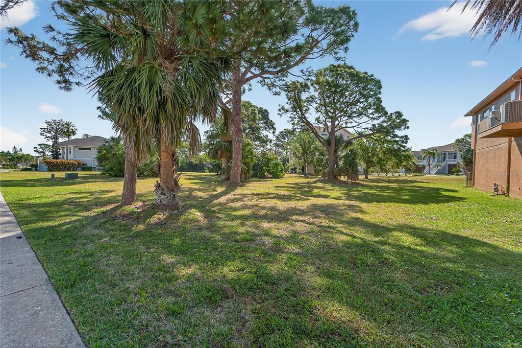 A grassy lot with several palm and pine trees sits next to a residential building — HARBOUR WATCH CIRCLE, TARPON SPRINGS, FL