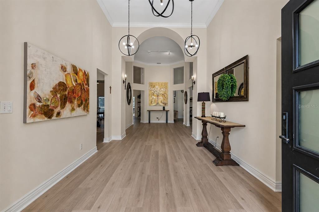 A bright entryway features light wood flooring, arched architectural details, and modern spherical pendant lighting — 17503 EDINBURGH DRIVE, TAMPA, FL