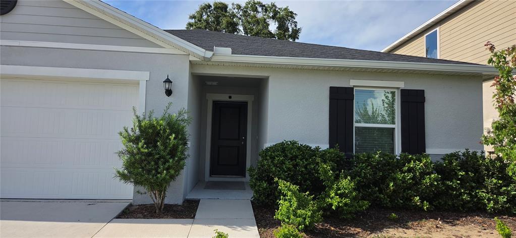 The exterior of a single-story house features a garage, a front entrance, and landscaping — 9938 MESIC WOODS AVENUE, SEFFNER, FL