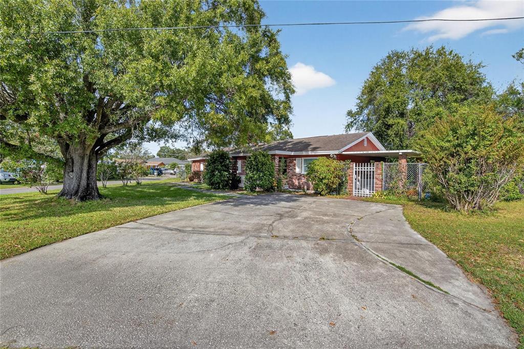 A single-story red brick house features a concrete driveway and a large shade tree — 3605 W FLORA STREET, TAMPA, FL