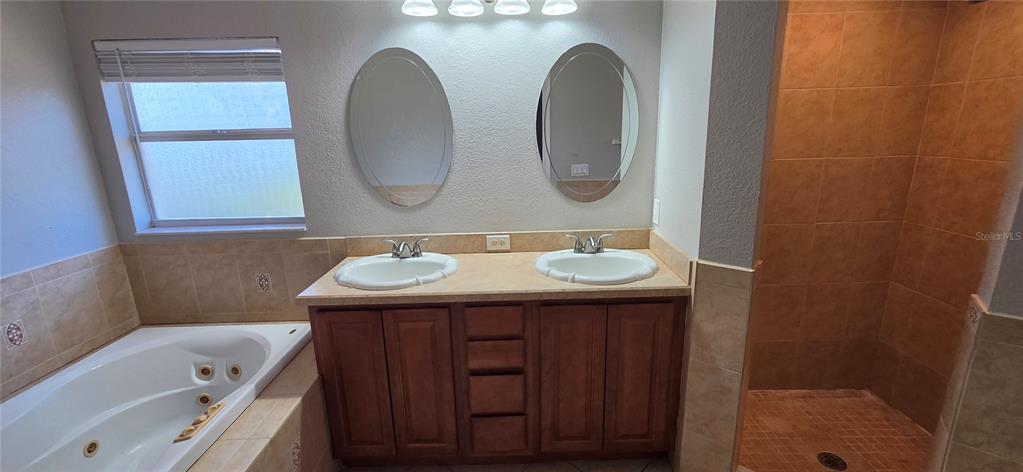 A bathroom features a double vanity, a jetted tub, and a tiled walk-in shower — 6807 E NORTH BAY STREET, TAMPA, FL