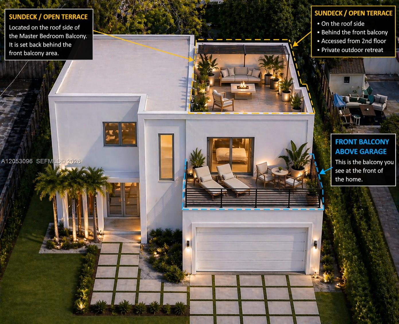 This is a rendering of a modern two-story house featuring a front balcony and sundeck — 5766 SW 41st St, Miami FL 33155, MIAMI, FL