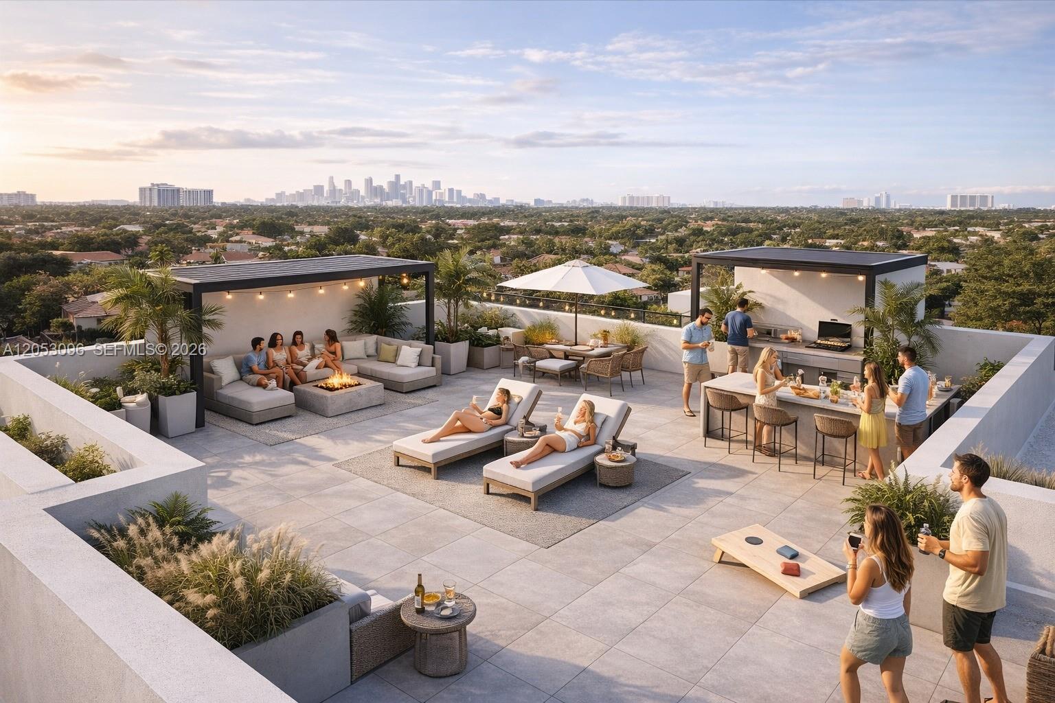 This rendering shows a rooftop terrace with lounge seating, a dining area, and an outdoor kitchen — 5766 SW 41st St, Miami FL 33155, MIAMI, FL