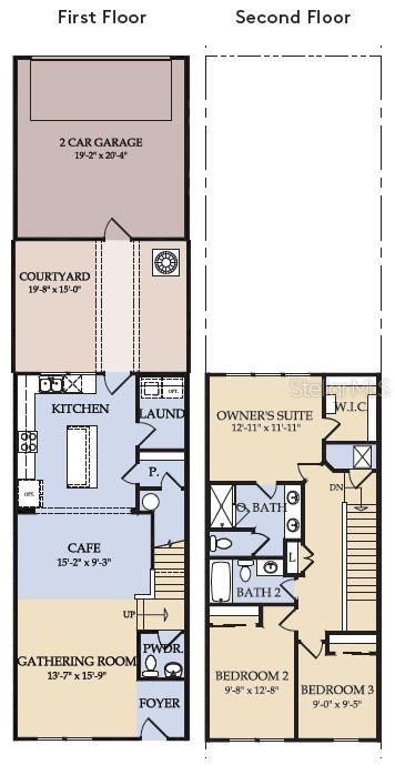 This floor plan shows a two-story home with a garage, courtyard, and three bedrooms — 1143 LEMONGRASS ALLEY, ORLANDO, FL