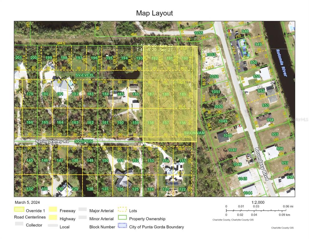 This is a map layout showing property lots and street boundaries in a residential area — 9232 SPRING VALLEY ROAD, ENGLEWOOD, FL