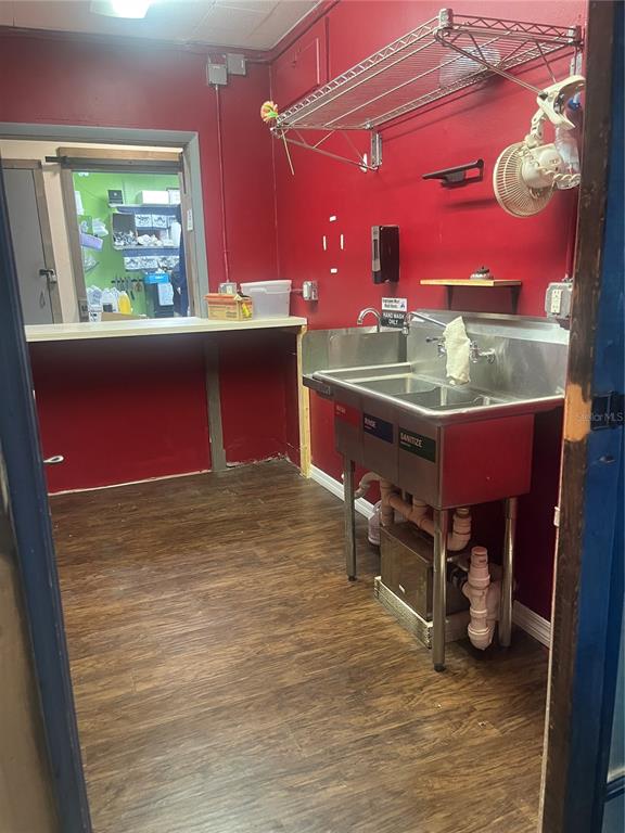 A commercial kitchen area features a stainless steel three-compartment sink against a red wall — 334 N DONNELLY STREET, MOUNT DORA, FL