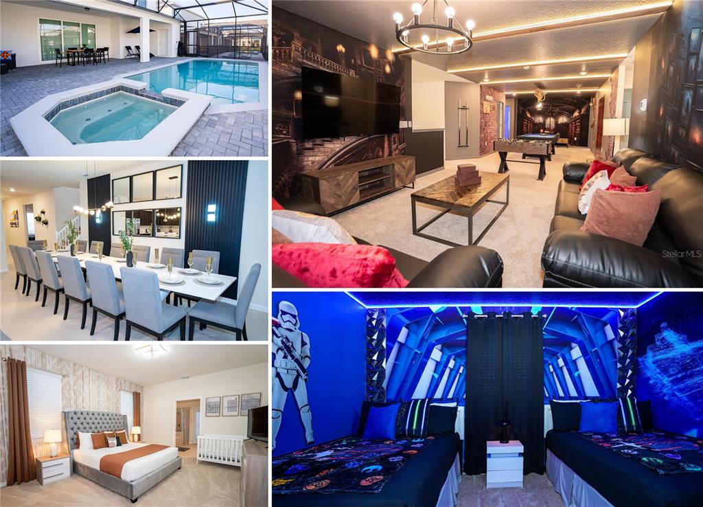 A collage shows a pool, a game room, a dining area, a bedroom, and a themed bedroom — 16276 SAINT MARTIN STREET, CLERMONT, FL