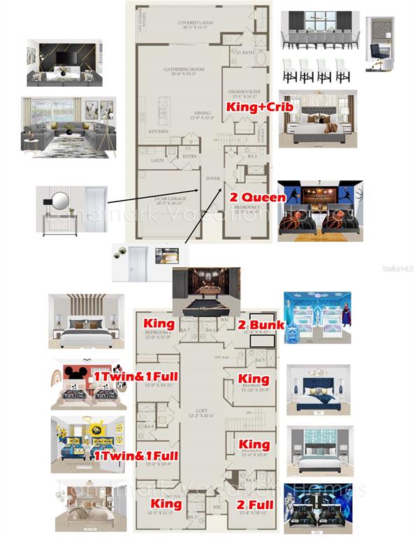 This image is a floor plan and interior design rendering for a multi-bedroom vacation home — 16276 SAINT MARTIN STREET, CLERMONT, FL
