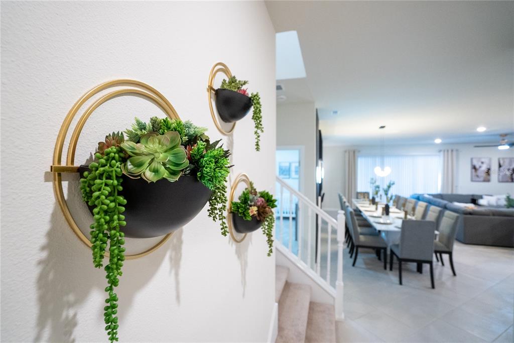Three wall-mounted succulent planters hang on a hallway wall overlooking a dining room — 16276 SAINT MARTIN STREET, CLERMONT, FL