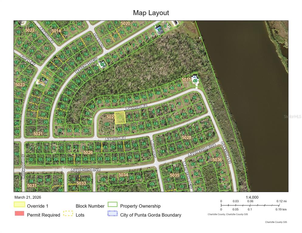 This is a map showing property lots, street names, and block numbers in a neighborhood — 16207 RENNIE ROAD, PORT CHARLOTTE, FL