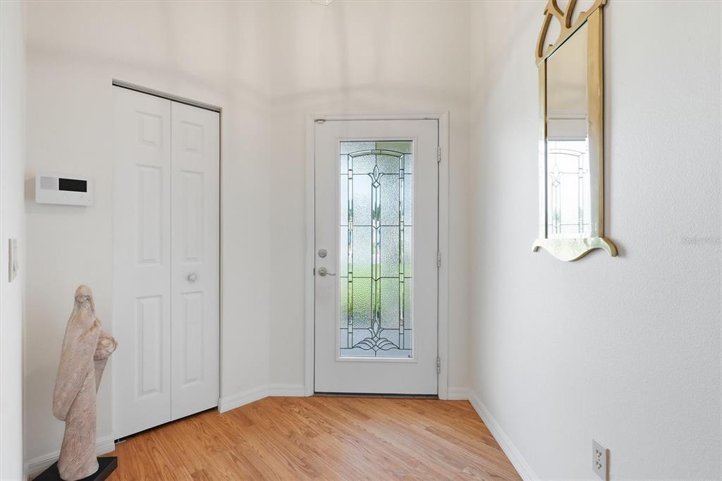 An entryway features a white front door with decorative glass, wood flooring, and a wall mirror — 17695 SE 114TH COURT, SUMMERFIELD, FL
