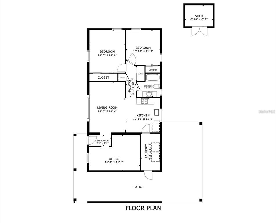 This is a floor plan showing a house with two bedrooms, an office, and a detached shed — 9616 PINE RIDGE AVENUE, RIVERVIEW, FL