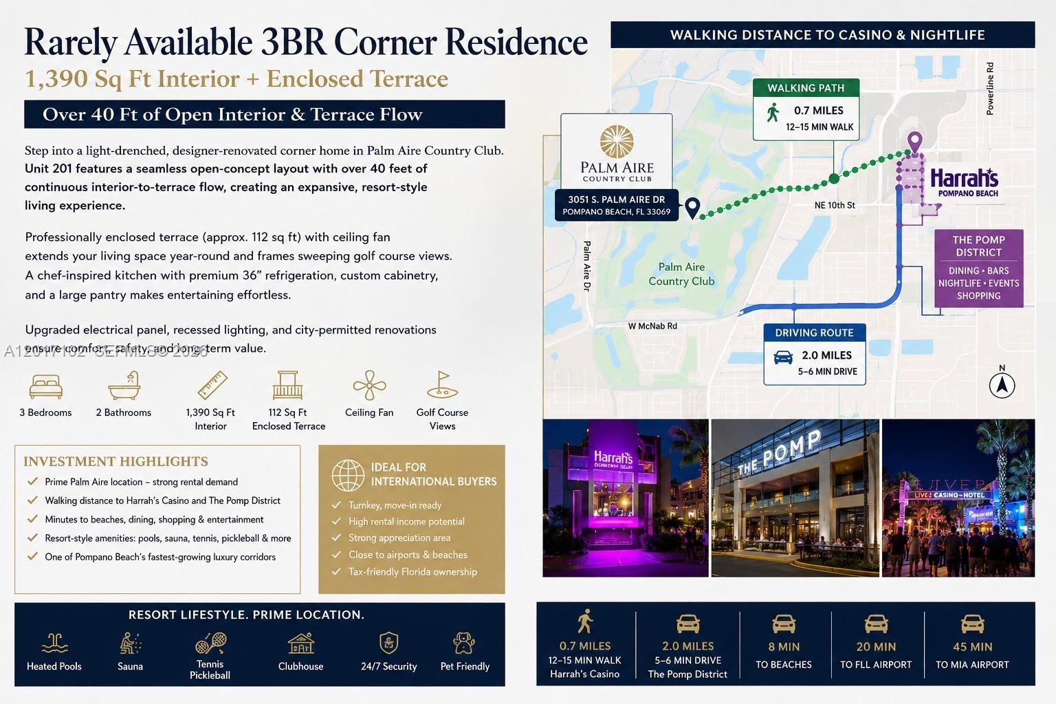 This real estate marketing flyer features property details, amenity icons, and a location map — 3051 S Palm Aire Dr # 201, Pompano Beach FL 33069, POMPANO BEACH, FL