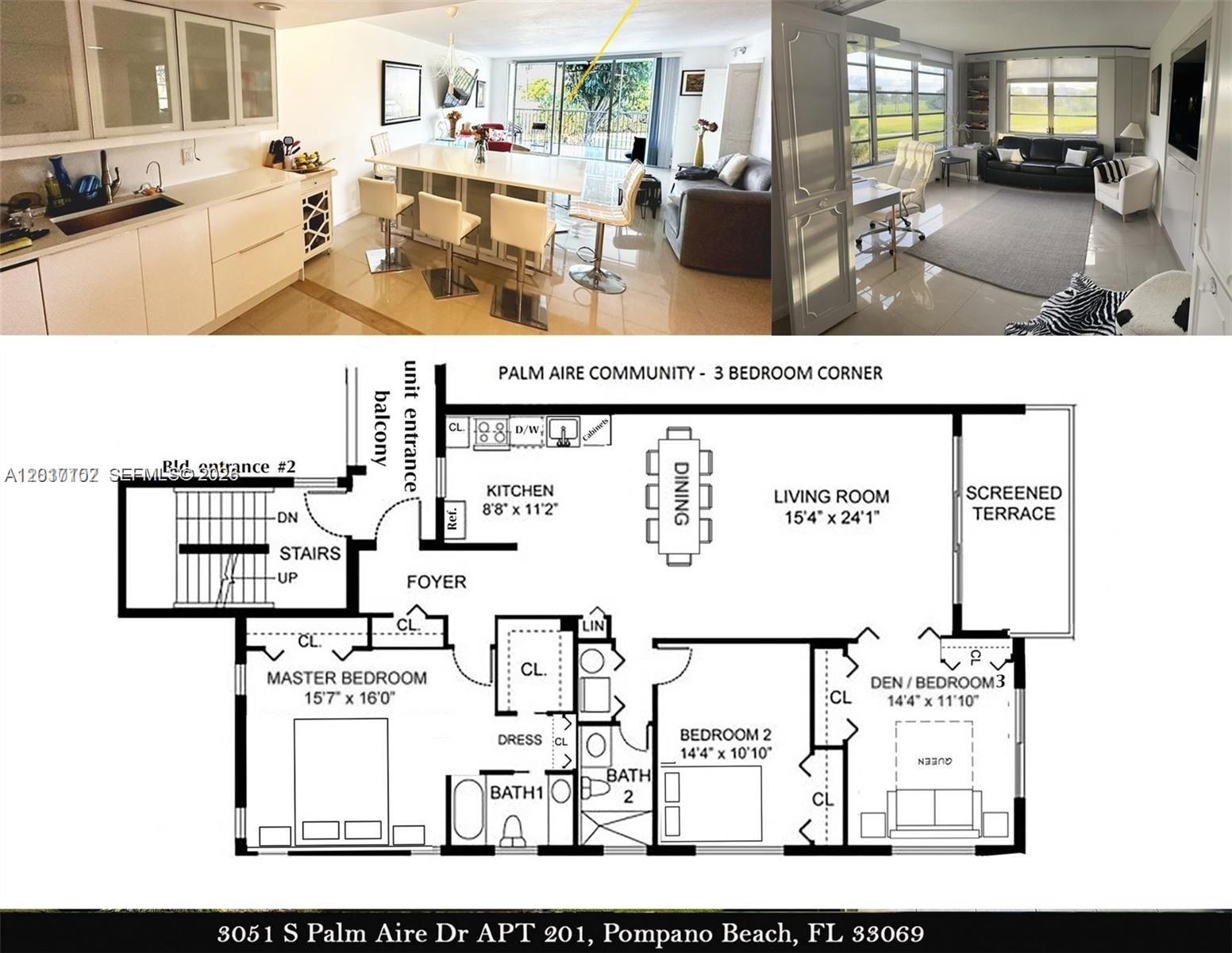 This image shows a kitchen and living area alongside a floor plan for the unit — 3051 S Palm Aire Dr # 201, Pompano Beach FL 33069, POMPANO BEACH, FL