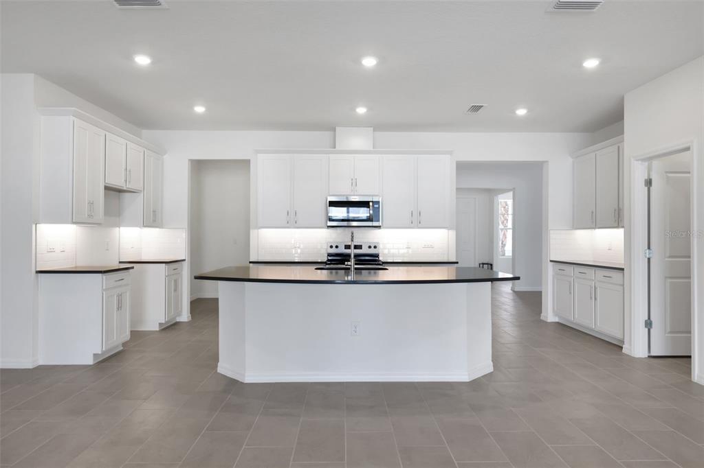 A modern kitchen features white cabinets, a large central island, and dark countertops — 17534 VALLEYWOOD PARKWAY, LAND O LAKES, FL
