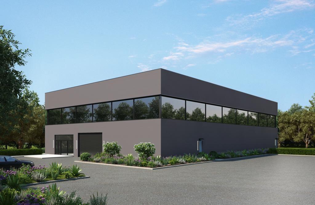 A digital rendering of a modern, two-story gray commercial building with a horizontal glass facade — 428 Avon Road, West Palm Beach FL 33401, WEST PALM BEACH, FL