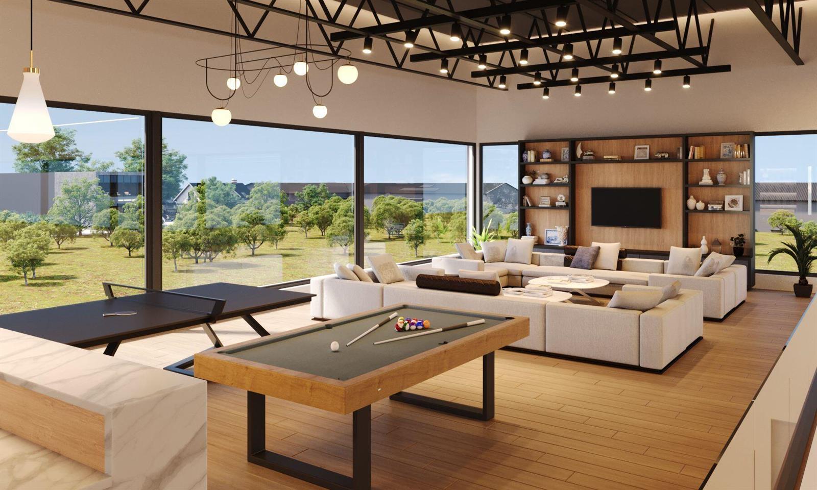 This rendering shows a modern game room with a pool table, ping pong table, and seating — 428 Avon Road, West Palm Beach FL 33401, WEST PALM BEACH, FL