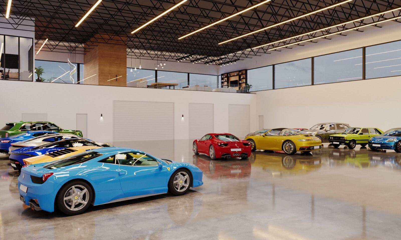 This rendering shows a spacious, modern garage with polished concrete floors and multiple luxury cars — 428 Avon Road, West Palm Beach FL 33401, WEST PALM BEACH, FL