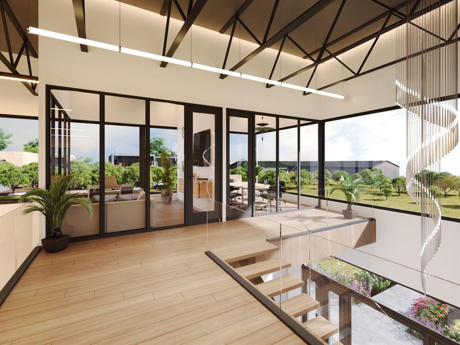 This rendering shows a modern office mezzanine with glass walls, wood flooring, and a staircase — 428 Avon Road, West Palm Beach FL 33401, WEST PALM BEACH, FL