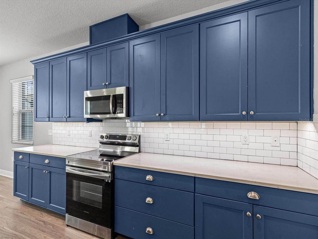 A kitchen features blue cabinets, stainless steel appliances, and a white subway tile backsplash — 7105 PARK TREE DRIVE, TAMPA, FL
