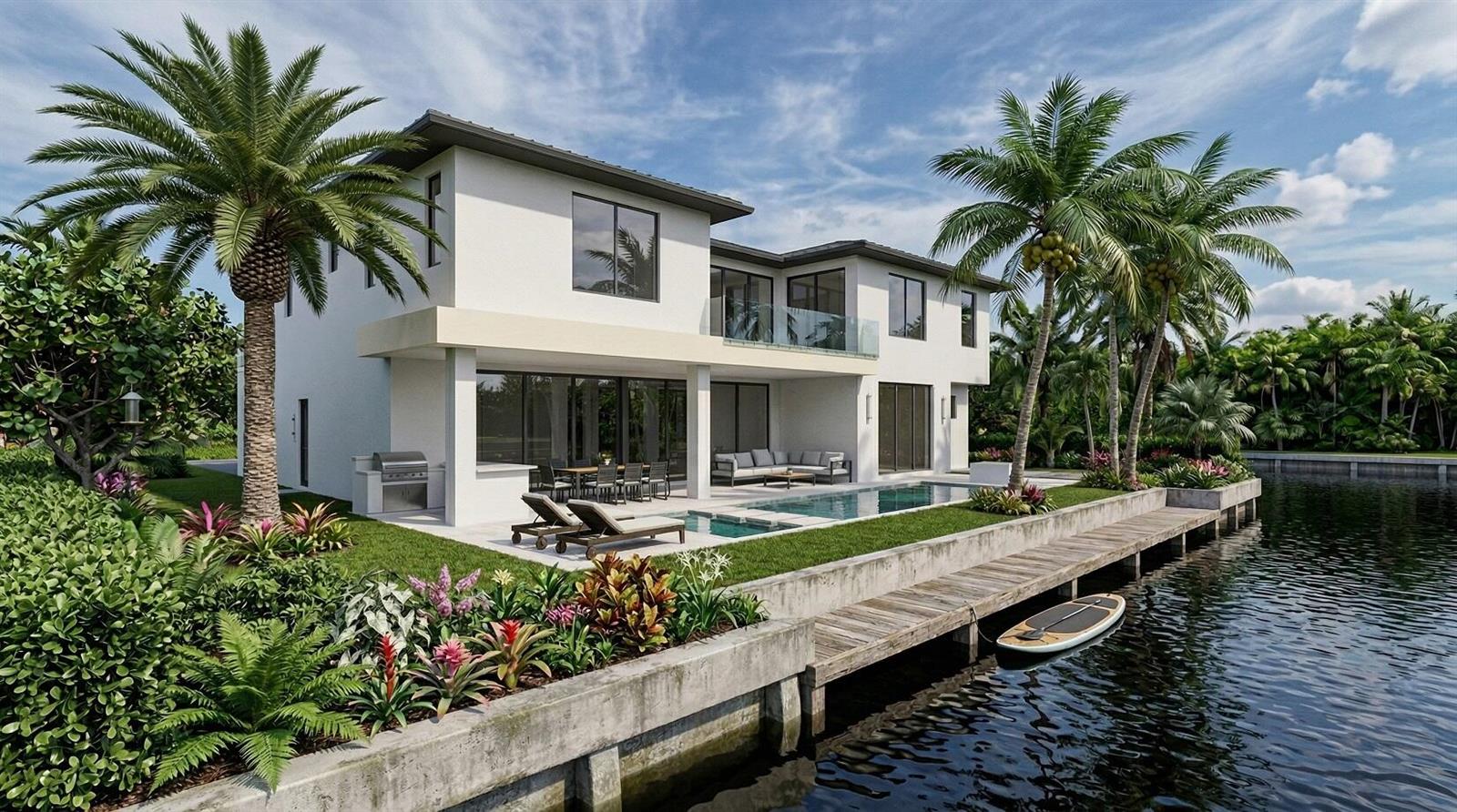 This architectural rendering shows a modern two-story house with a pool, patio, and private dock — 950 Cypress Drive, Delray Beach FL 33483, DELRAY BEACH, FL
