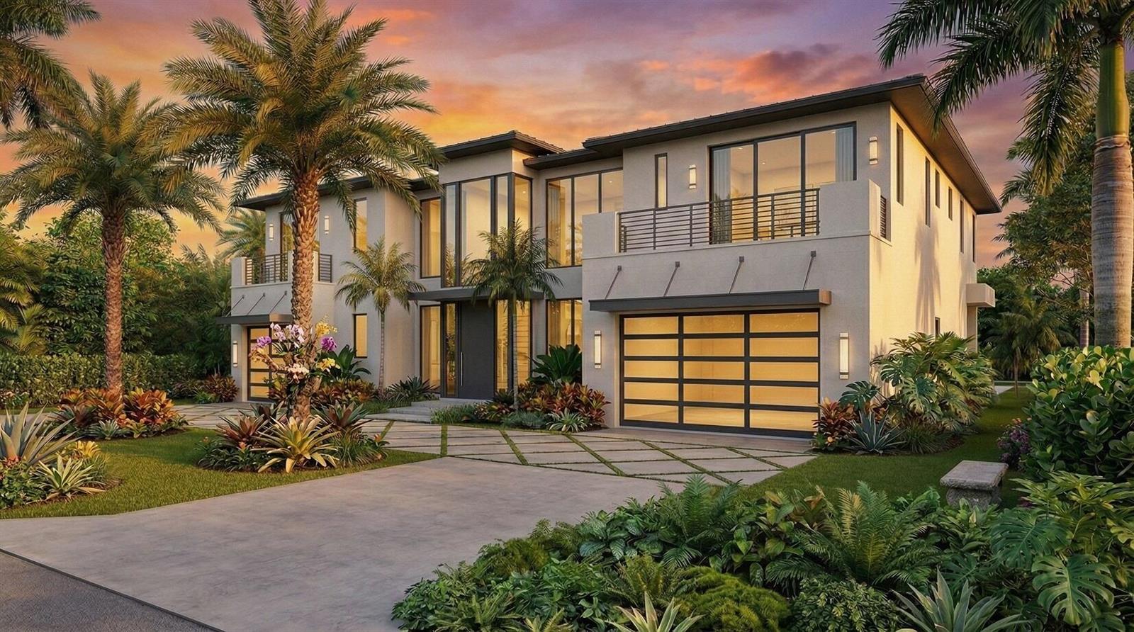 A rendering of a modern two-story house with a multi-car garage and tropical landscaping — 950 Cypress Drive, Delray Beach FL 33483, DELRAY BEACH, FL