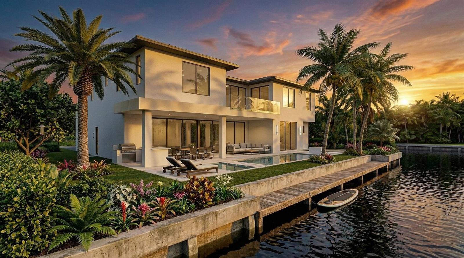 This architectural rendering shows a modern two-story waterfront home with a pool and private dock — 950 Cypress Drive, Delray Beach FL 33483, DELRAY BEACH, FL