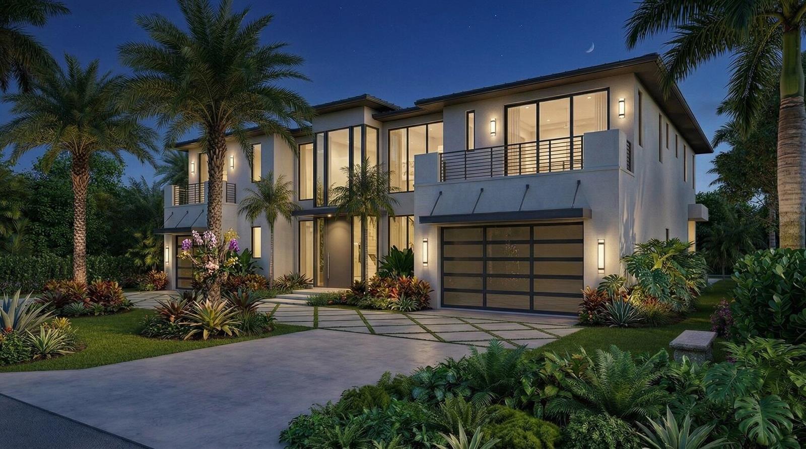 This is a rendering of a modern two-story house at night with a multi-car garage — 950 Cypress Drive, Delray Beach FL 33483, DELRAY BEACH, FL