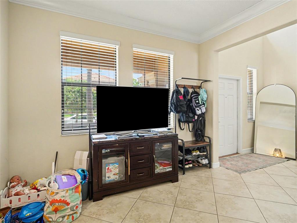 A living room features a television on a dark wood console, a coat rack, and a mirror — 12027 CARDINAL FLOWER DR, RIVERVIEW, FL
