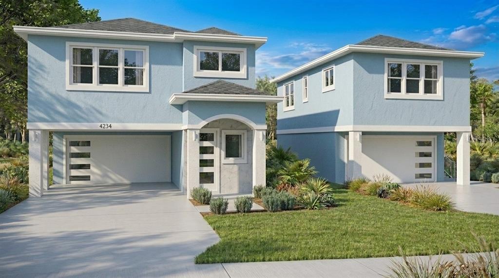 This is a digital rendering of two light blue, two-story homes with elevated garages — 4234 4TH STREET S, ST PETERSBURG, FL
