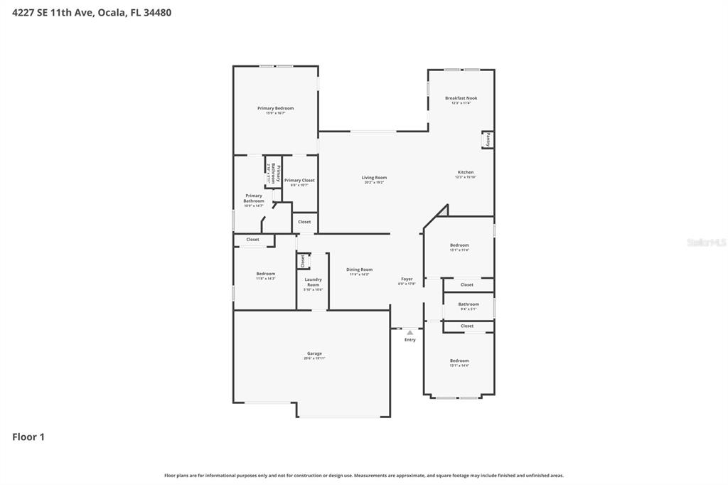 This is a floor plan for a single-story house with a garage and four bedrooms — 4227 SE 11TH AVENUE, OCALA, FL